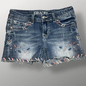 Grace Blue Denim Distressed Shorts Embroidered Pink Blue White Raw Hem Sz 14